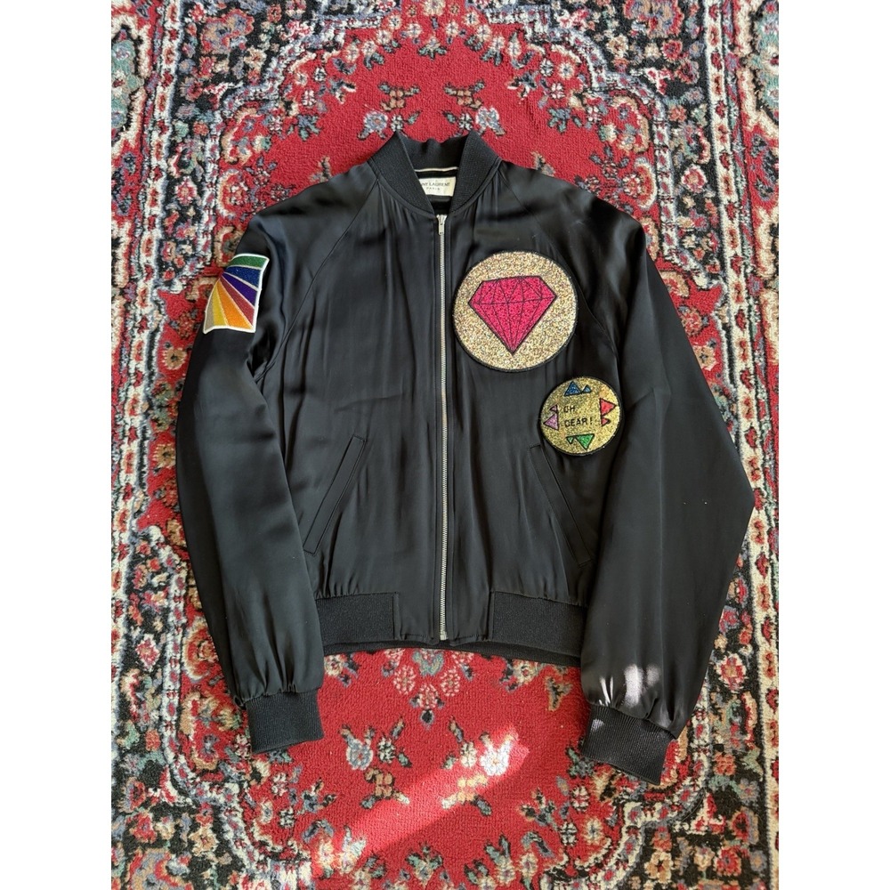 Saint Laurent Paris 2016 Glitter Diamond Viscose Bomber Jacket Black Small